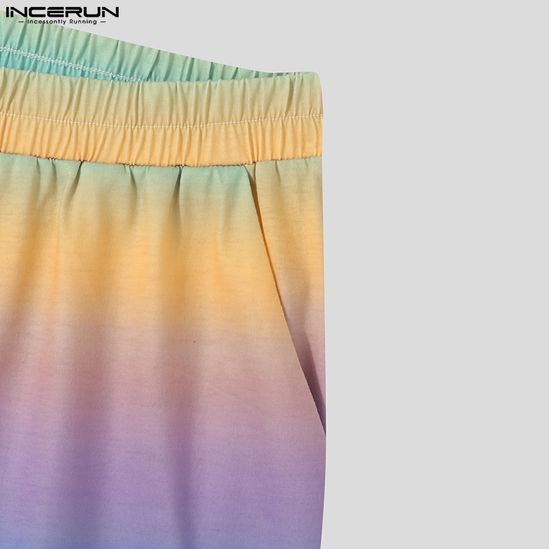 INCERUN Set Áo Croptop Tay Ngắn Nhuộm Màu + Quần Short Thời Trang Cho Nam