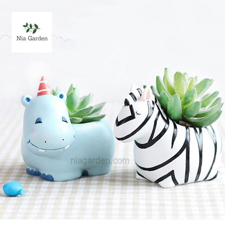 Chậu trồng cây hình thú hà mã xanh trồng sen đá mini xương rồng để bàn Nia Garden N4