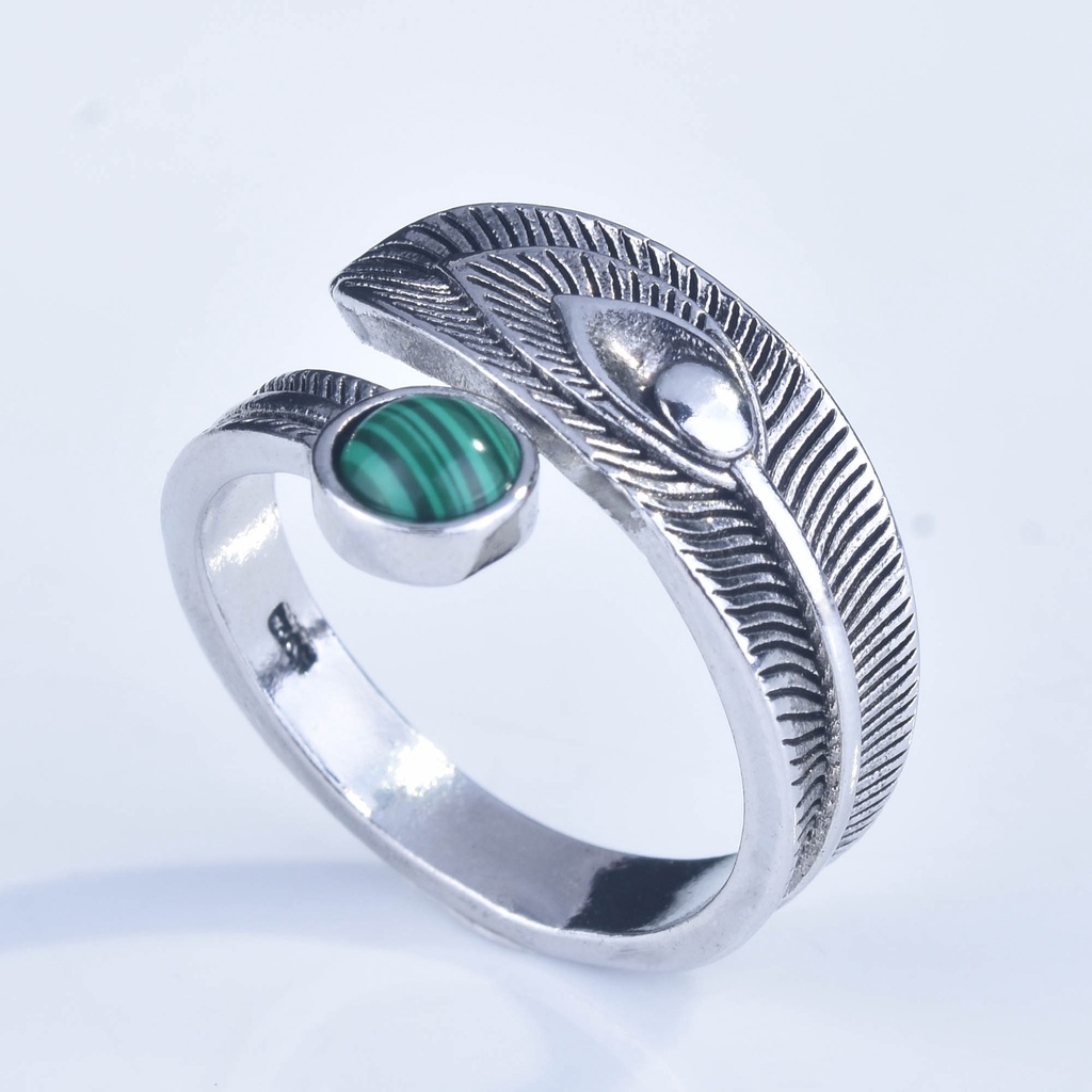 Nhẫn Mạ Bạc 925 Đính Đá Malachite Phong Cách Vintage