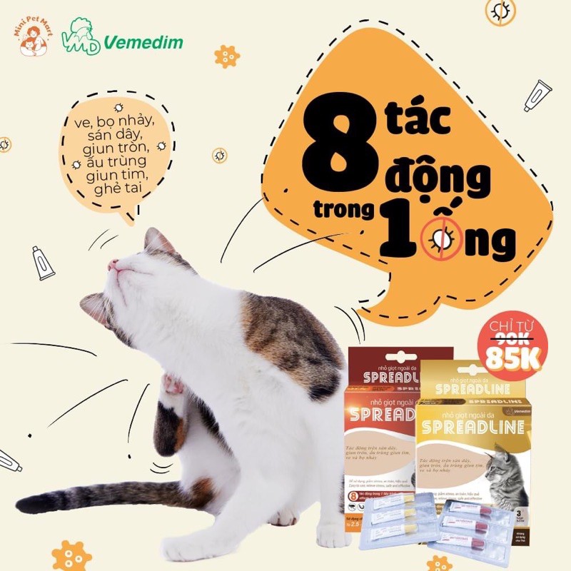 Nhỏ ngoài da Spreadline phòng sán dây, giun tròn, giun tim, ve rận, bò chét cho mèo Vimedim