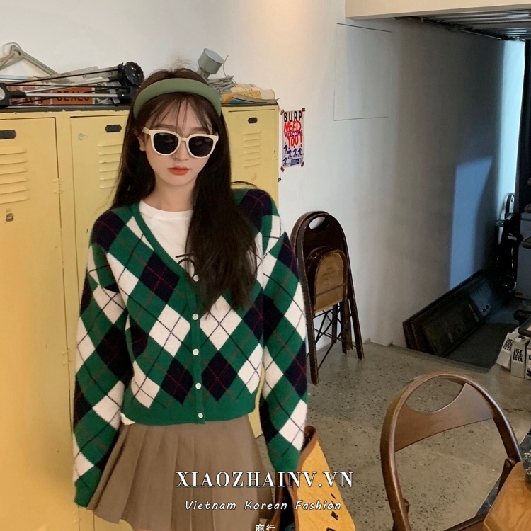 Áo Khoác Len Cardigan Nữ Dệt Kim Dáng Rộng Họa Tiết Trám Tông Xanh Phong Cách Cổ Điển Vintage Hàn Quốc