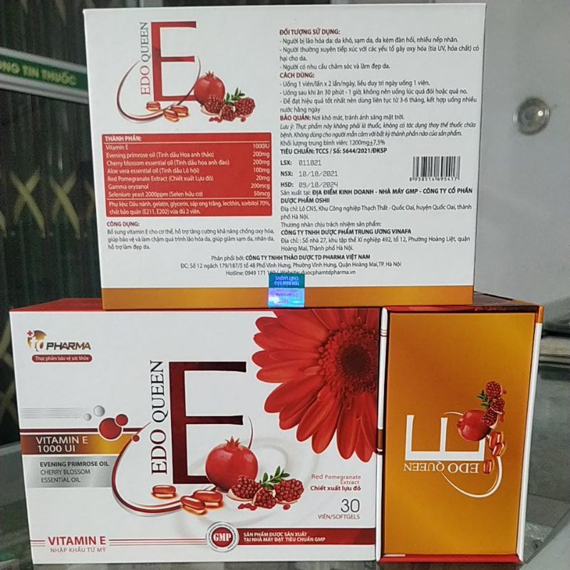 ( Nhập khẩu E Mỹ chính hãng 💯) Viên uống vitamin Edo Queen E lựu đỏ đẹp da - điều hoà nội tiết ( Bác sĩ khuyên dùng)