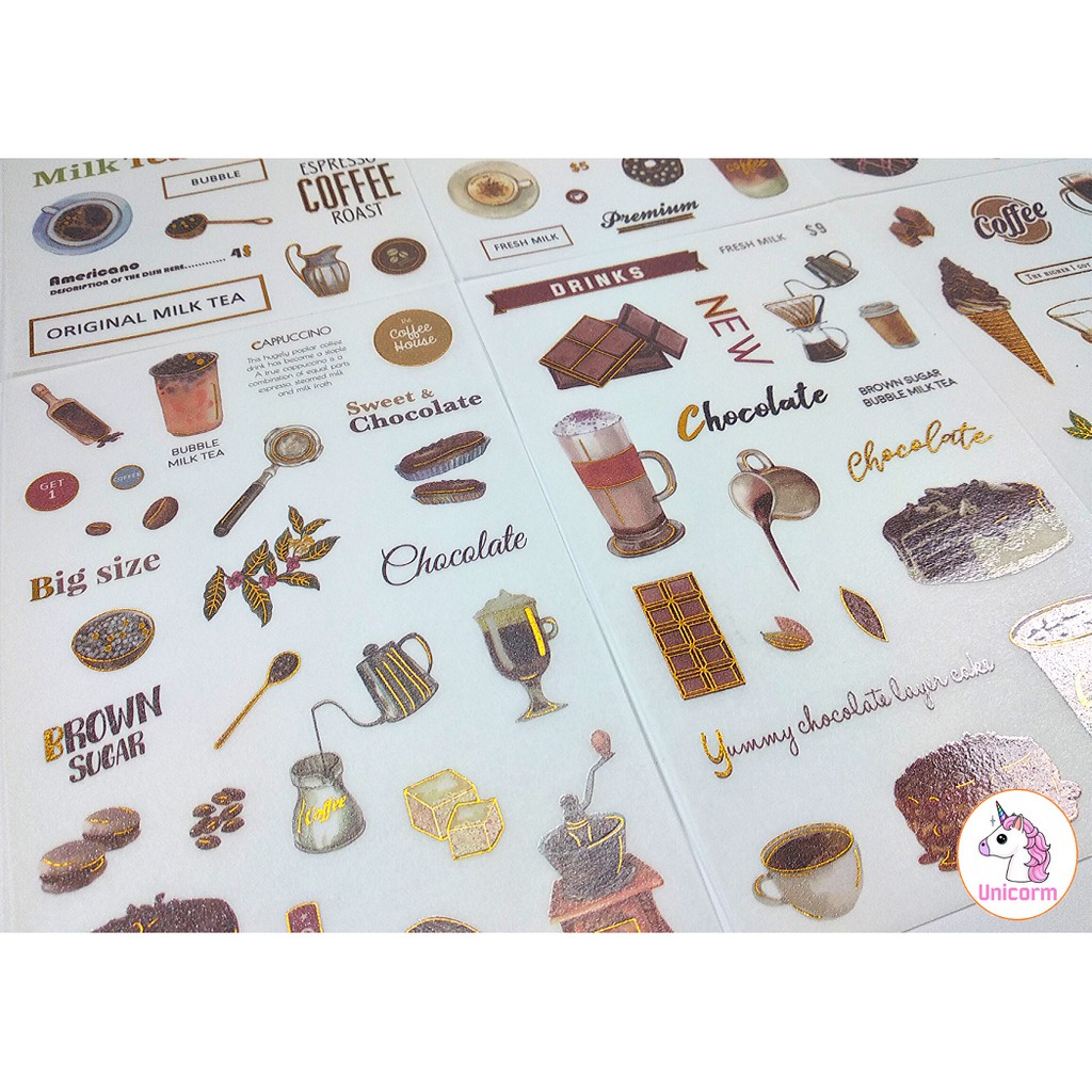 set 6 tấm sticker coffee and sweet time phong cách vintage siêu xinh - sticker dán trang trí planner sổ tay