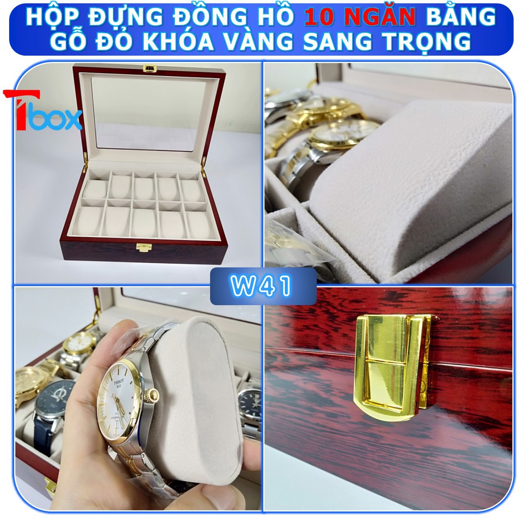 Hộp đựng đồng hồ FREESHIP Hộp đựng 10 đồng hồ bằng gỗ màu đỏ đun bên trong bằng nhung ảnh thật