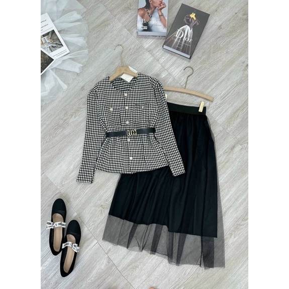 Set áo dạ caro cúc ngọc + chân váy dài xếp li kèm đai Gc