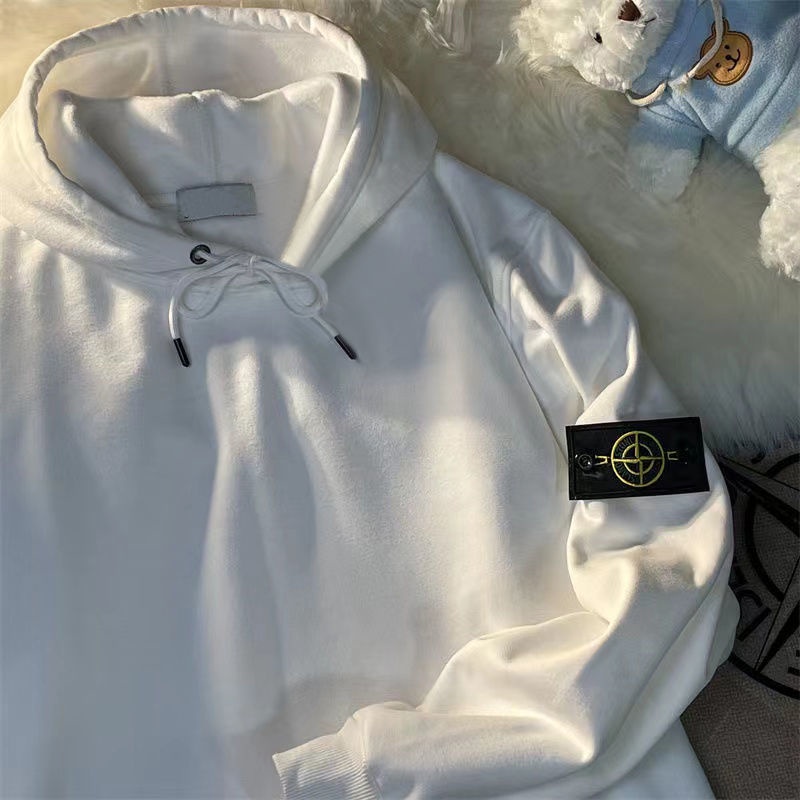 O Áo hoodie nam N form Rộng Màu Trơn Phối Nhung Cho nam Và Nữ Stone ISLAND