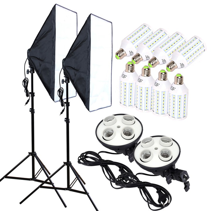 2 Softbox đuôi sứ 4 chuôi 50x70cm - 2 chân đèn 2m - 8 bóng đèn Led 360 độ