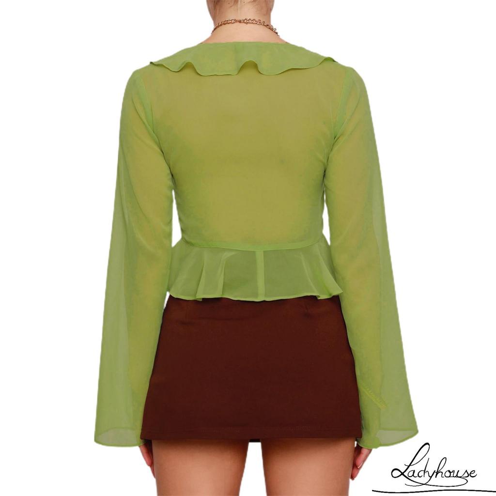 LDD-Women Sheer Crop Tops, Long Flared Sleeve Deep V Neck Pleated Hem Tops for Summer Pub, Women Clothing