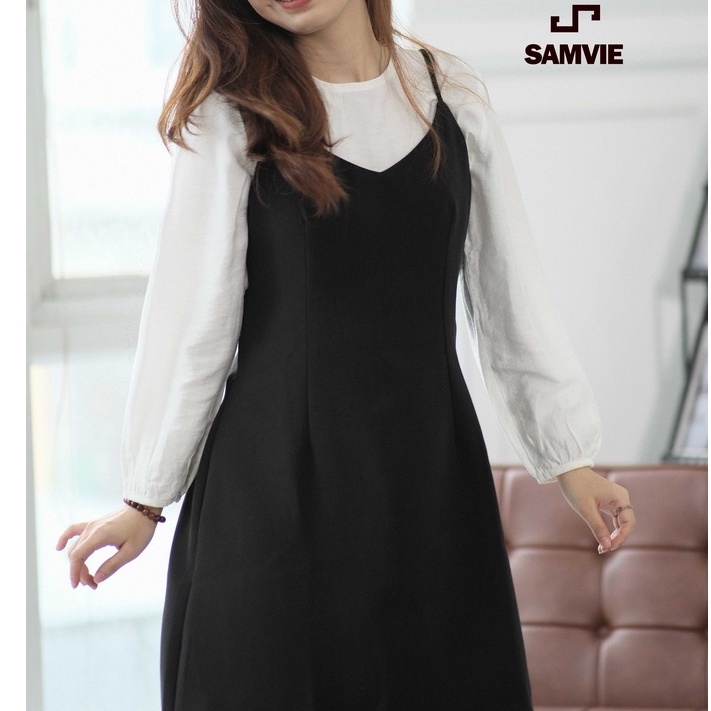 Set đầm yếm gốm áo trắng và đầm yếm chất vải dày dặn thiết kế Samvie