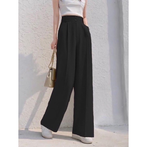 Quần nữ culottes ống rộng cạp cao 7 phân 2 khuy chất tuyết mưa, ống suông lưng cao GT 19