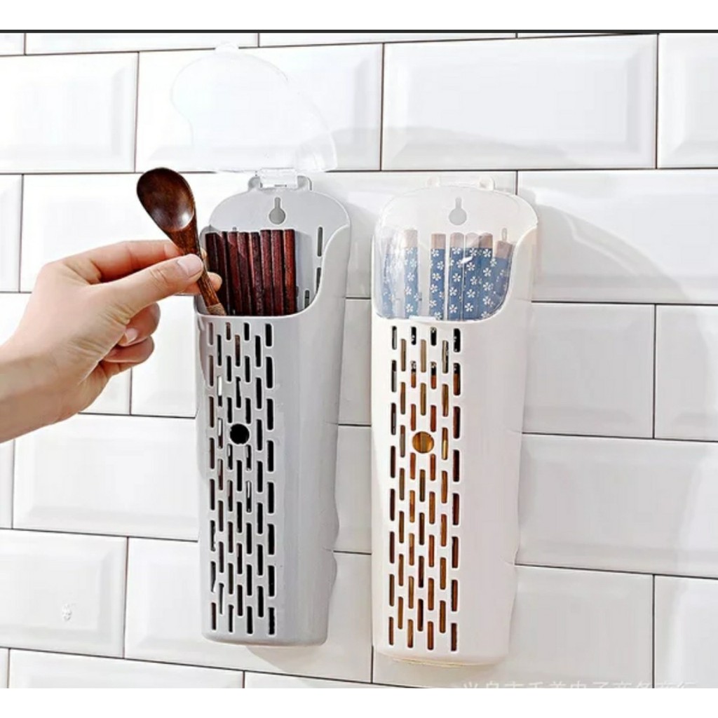 Hũ ống đựng đũa muỗng dán tường nhà bếp không cần khoan tường, ống thìa đũa có nắp đậy, có khe thoát nước nhựa Cao Cấp