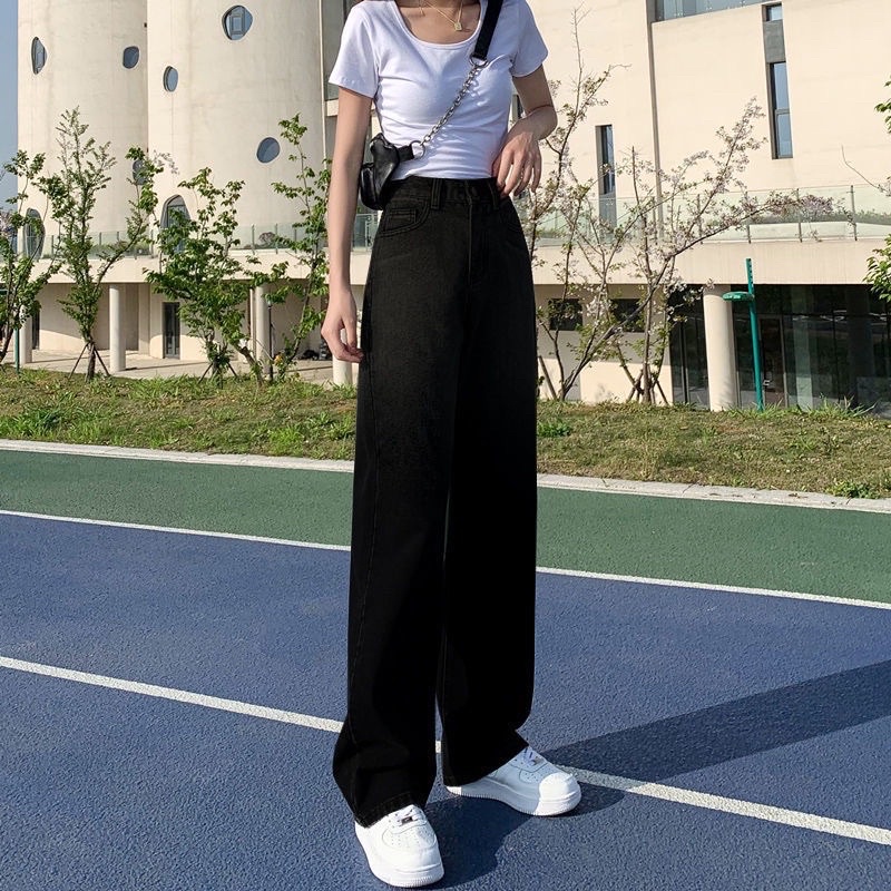 Quần jeans ống suông trơn basic lưng siêu cao