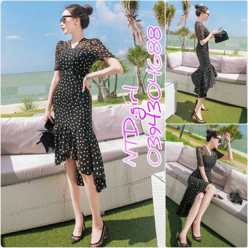 Hàng nhập - Đầm dáng ôm lụa chấm bi đuôi cá, váy body dự tiệc cổ V tay phồng