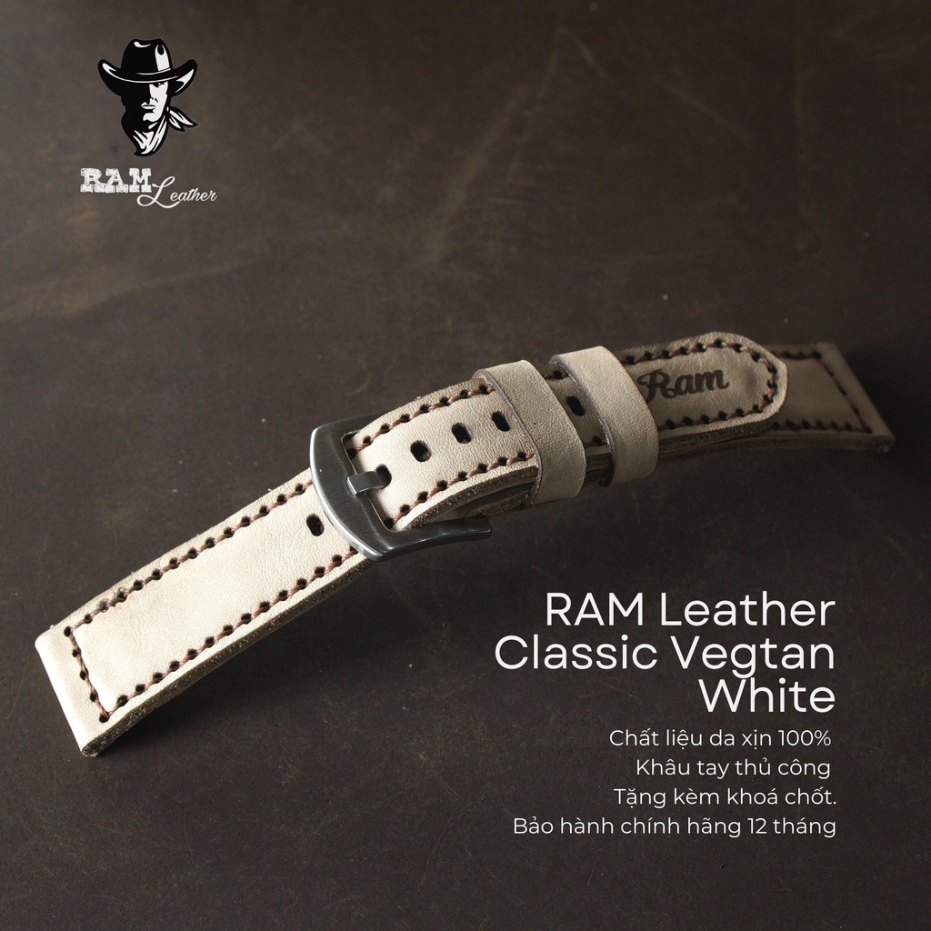 Dây Đồng Hồ Da Thật RAM Leather 1970 Da Bò Thật Italia Vegtan Trắng Bền Đẹp