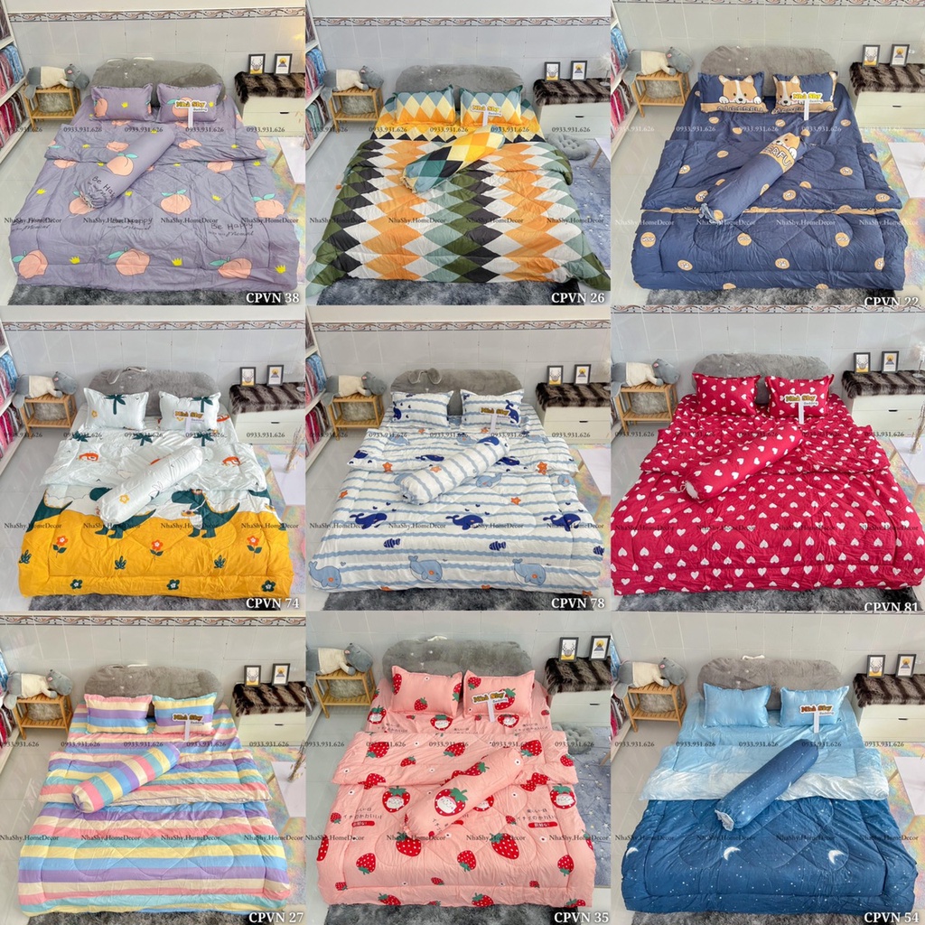 Trọn Bộ 5 Món Ga Gối Chăn Phao Dày Dặn Y Hình - Chất Liệu Poly Hàng Việt Nam Sản Xuất