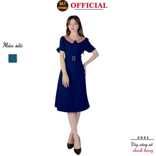 Váy công sở kèm đai eo 247STORE (màu xanh than), dáng dài, cổ bèo, cộc tay, tay bồng, vải trượt hàn mềm nhẹ không lộ
