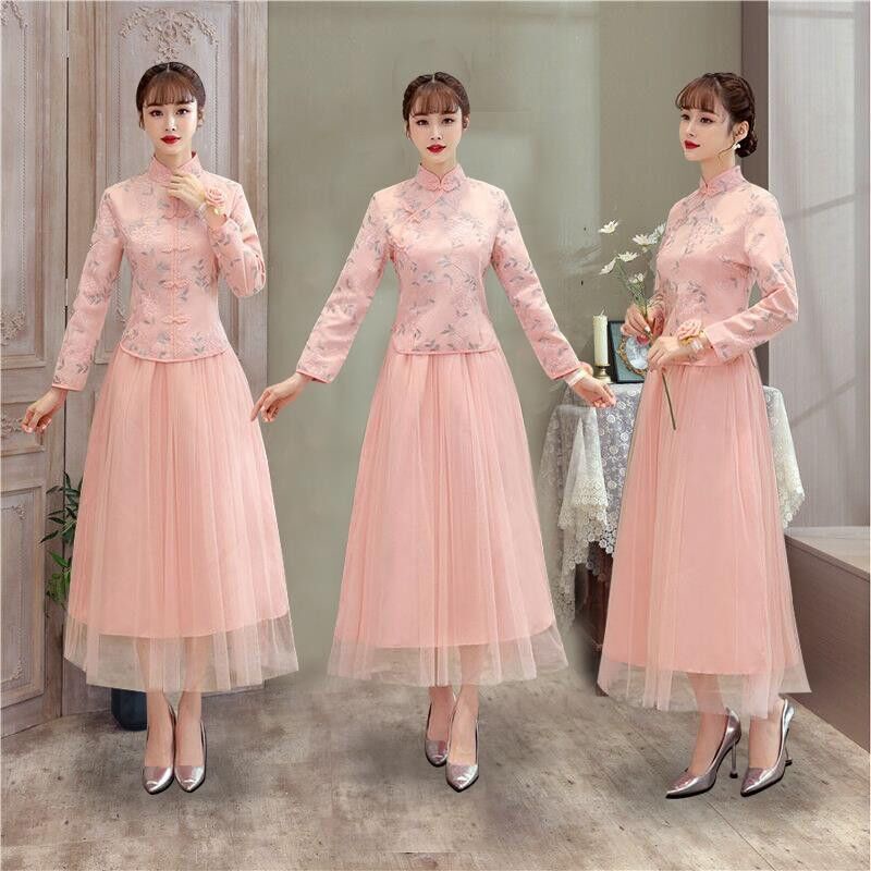 Đầm phù dâu dài tay phong cách mới cổ điển ấm áp