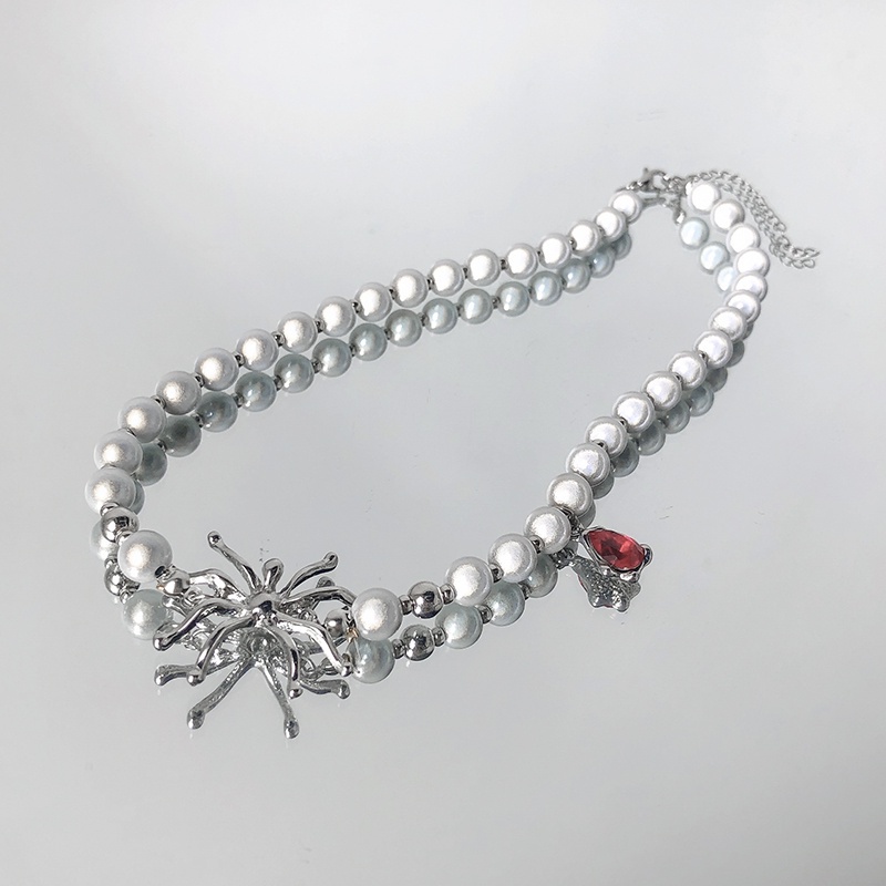 Vòng cổ Mặt Hình Nhện Đính Đá Ruby Và Ngọc Trai Phong Cách Hip Hop