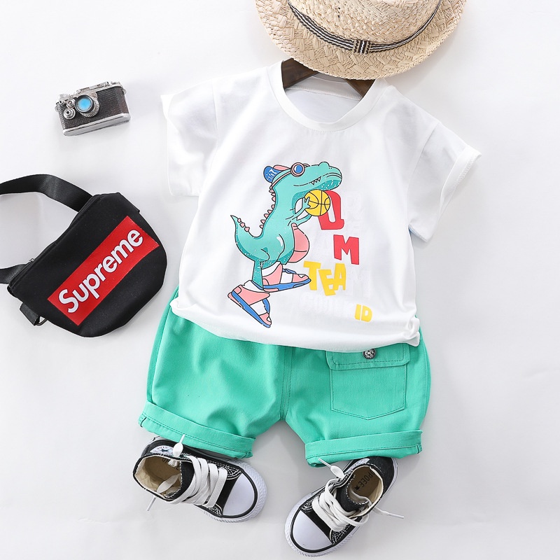 Boy phù hợp với bé quần áo cậu bé 0-4 tuổi mẫu boy phim hoạt hình khủng long T-shirt + quần short 2 mảnh bộ