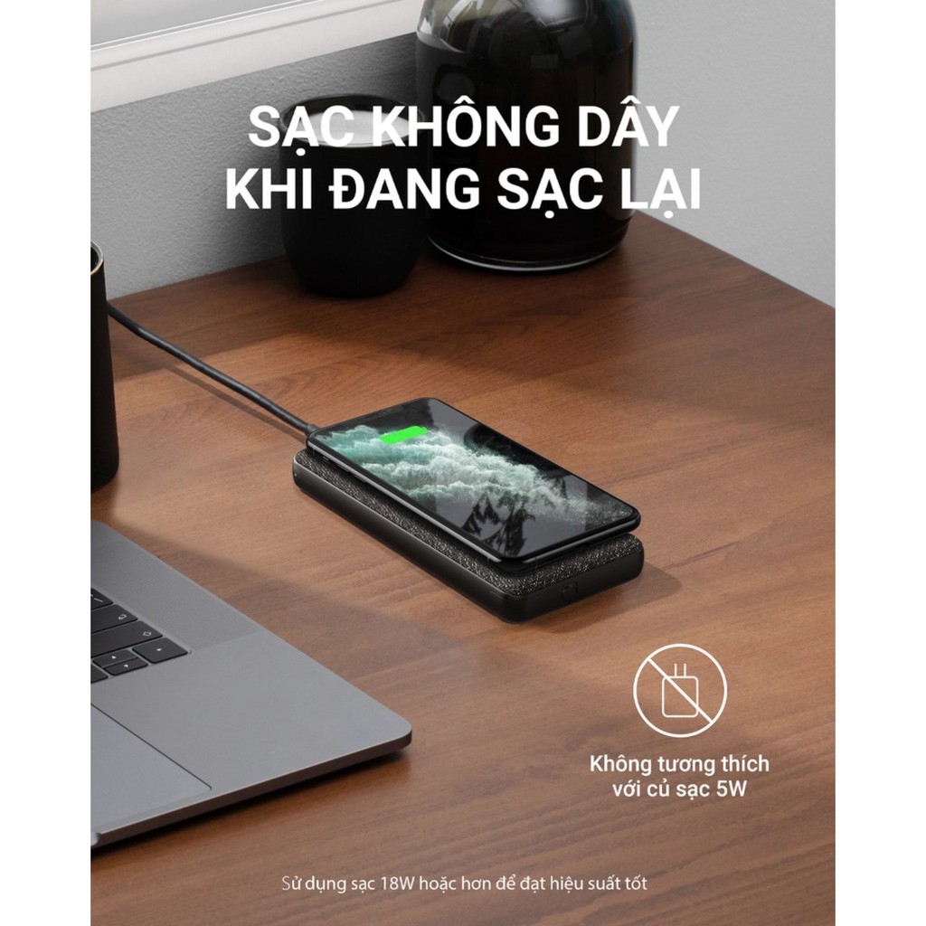 Sạc dự phòng không dây Anker A1617 PD 18W 10000mAh Sạc không dây 10W/7.5W/5W,Cho iPhone 13 12 Pro 11 Xs 8 8P AirPods Vâ