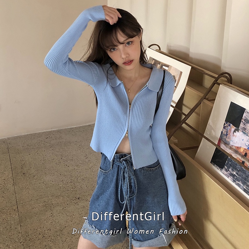 Áo Croptop Dệt Kim Tay Dài Cổ Chữ V Màu Sắc Đơn Giản Phối Khóa Kéo Phong Cách Retro
