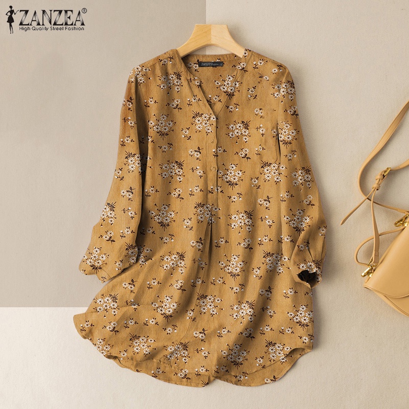 ZANZEA Áo Sơ Mi Tay Dài Cổ Chữ V In Họa Tiết Vintage Thời Trang Cho Nữ