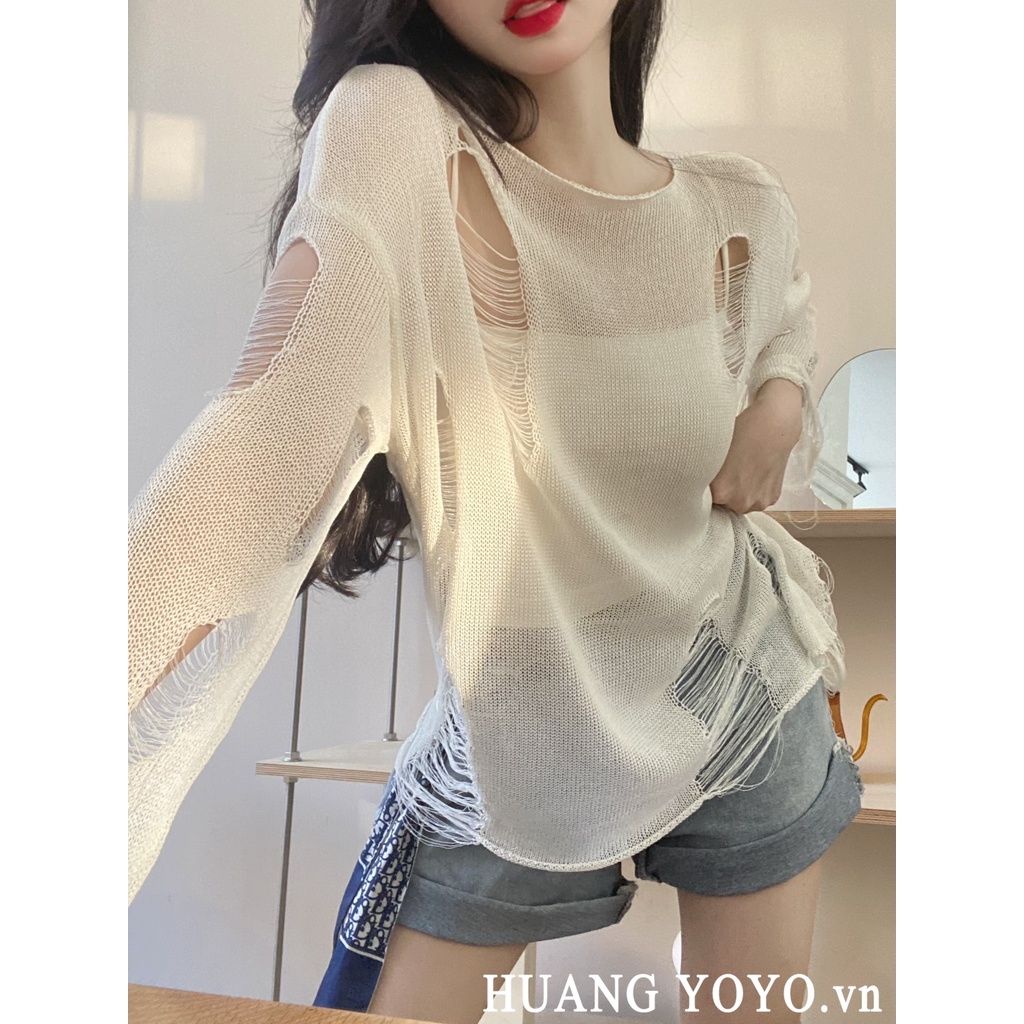 HUANG YOYO Áo Dệt Kim Lụa Dệt Kim Dáng Rộng Khoét Lỗ Thời Trang Phong Cách Hàn Quốc Cho Nữ