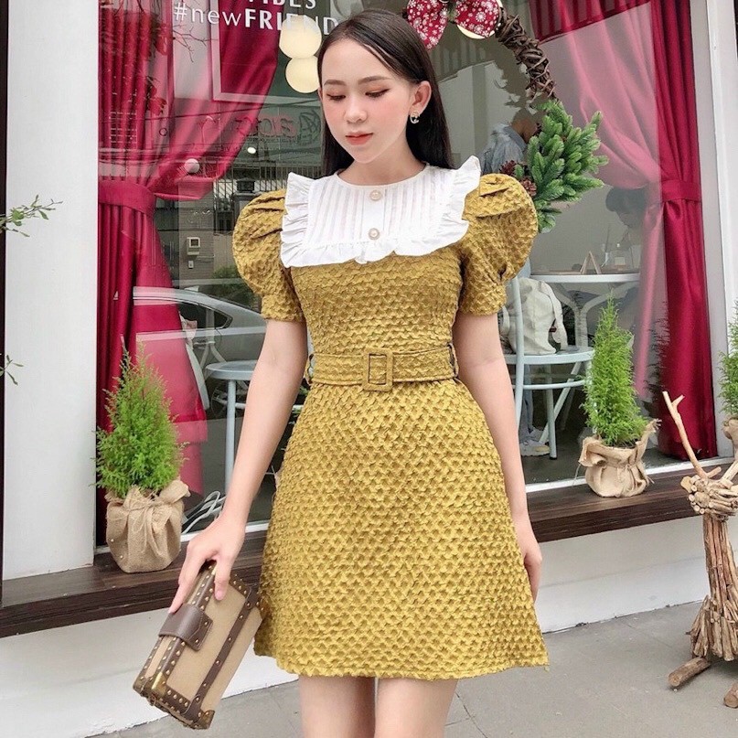 Đầm đi tiệc, đầm gân cổ bèo đáng yêu, kèm thắt lưng, tôn dáng xuất sắc VINTAGE