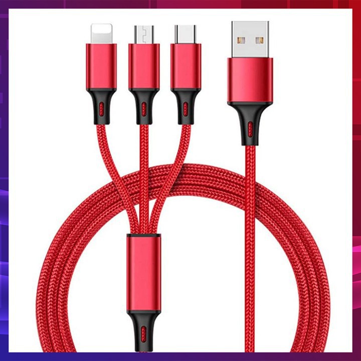 Dây Cáp Sạc 3 Đầu Vải Dù Xuất Xứ Hàn Quốc Hỗ Trợ Sạc Nhanh Sạc Iphone, Samsung, Type C - Siêu bền, chống đứt, chống rối