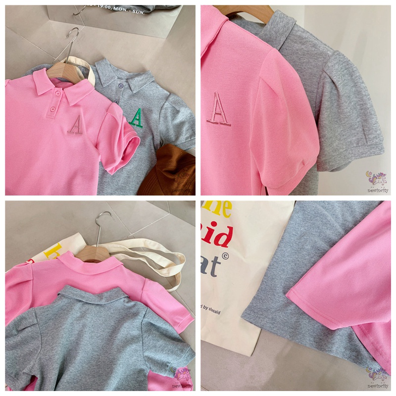 Đầm Tay Ngắn Cổ Bẻ Thêu Chữ Đáng Yêu Thời Trang Phong Cách Hàn Quốc Cho Bé Gái