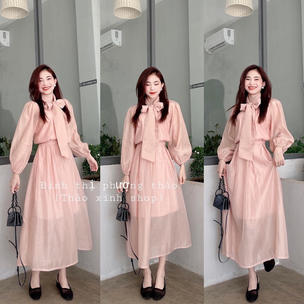 XẢ HÀNG FREE SHIP Váy Đầm Dáng Dài Tơ Lụa Cổ Tay Bồng Cực Xinh