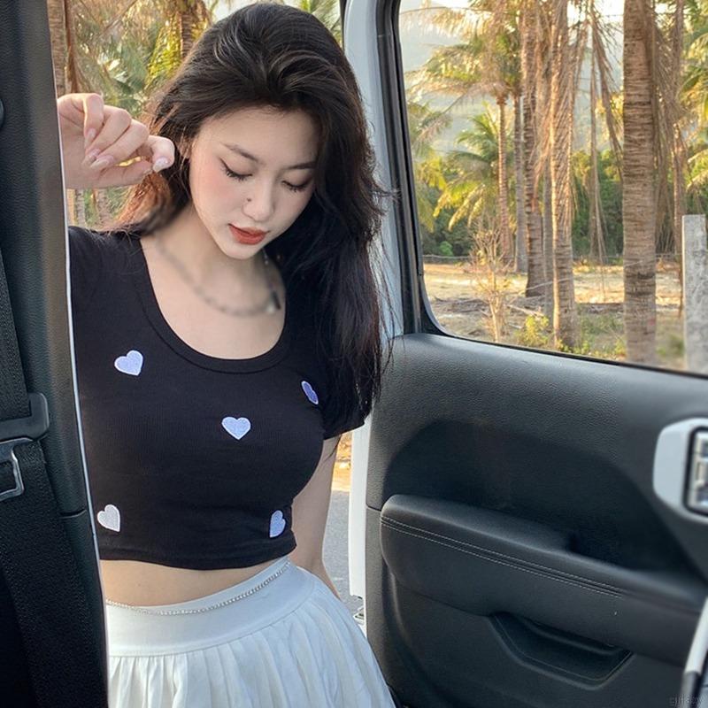 Áo Croptop Ngắn Tay In Hình Trái Tim Xinh Xắn Kiểu Hàn Quốc Cho Nữ