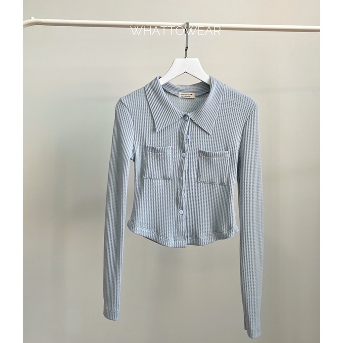 Áo sơ mi croptop thun ô vuông tay dài 2 túi trước ngực