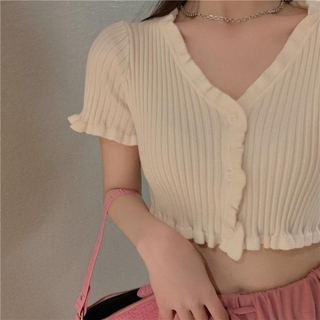 [Women] Croptop knitted short sleeves, V-neck, solid color, Korean version