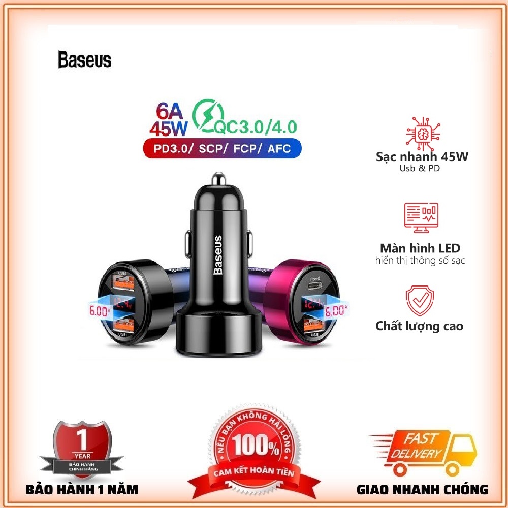 Bộ Tẩu Sạc Nhanh Ô TÔ 2 Cổng💎Siêu Tốc 45W💎 Bộ Tẩu Sạc Xe Hơi Baseus Magic Series Quick Charge Cổng USB Type-C - BH 12T
