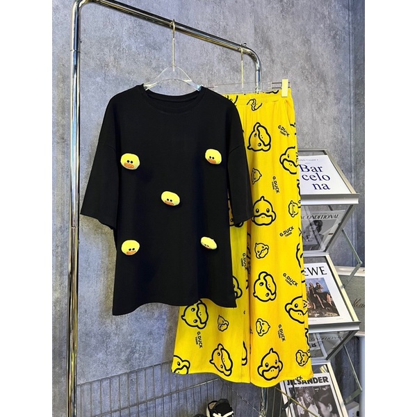 Set áo thun cotton vịt đính quần suông gân xinh xắn