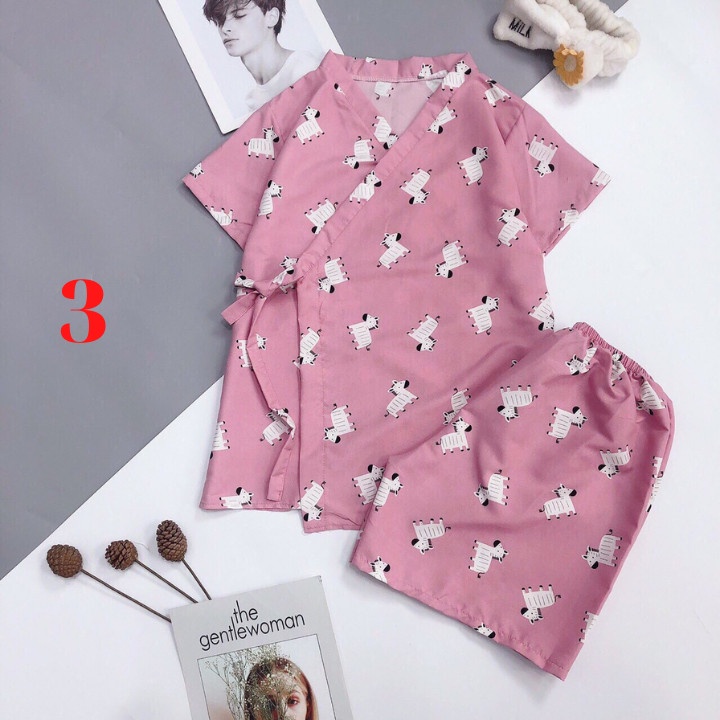 Bộ Kimono Cộc Tay Nữ ngắn siêu hot set pijama buộc nơ in hình chất mềm mịn mát cute YM45
