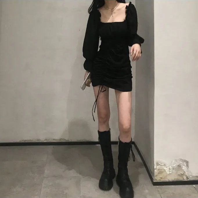 COZOK Đầm tay dài cổ vuông ôm eo phong cách retro