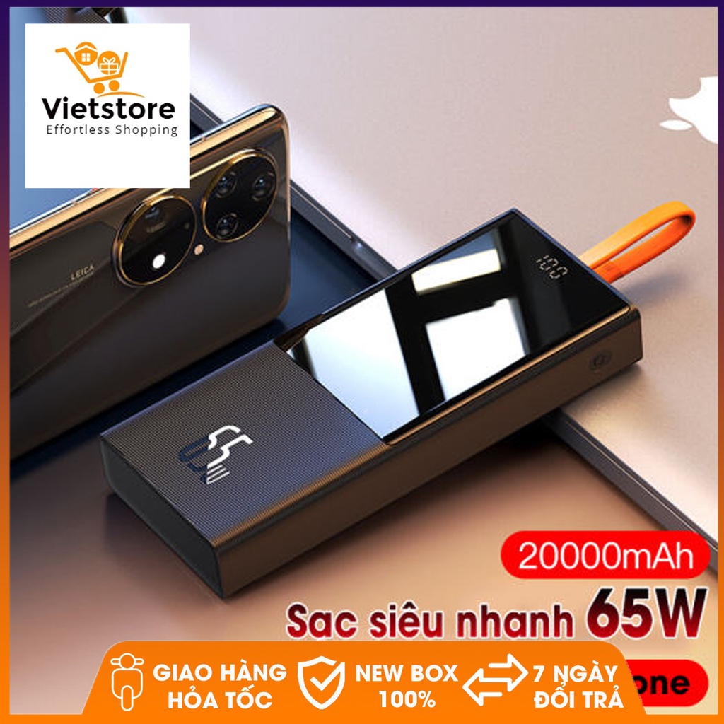 Pin Sạc Dự Phòng Baseus 20000mAh 65W 3 Cổng Sạc Nhanh Với Cáp Loại C Dùng Cho Điện Thoại Và Máy Tính Xách Tay