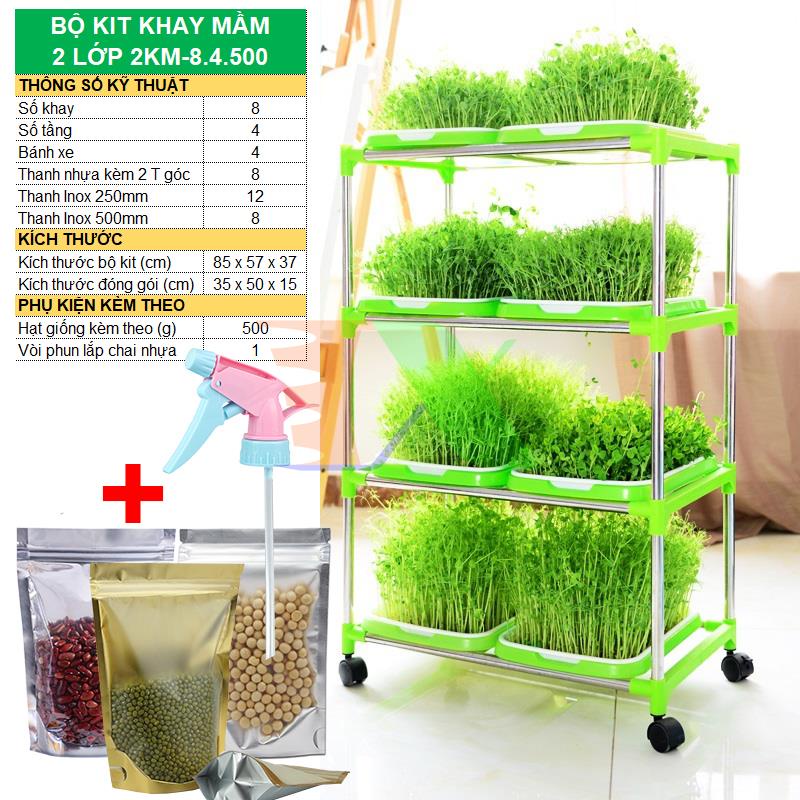 Bộ kit Khay trồng rau mầm thủy canh 2 lớp 2KM, Khay, Giá đỡ, Vòi xịt, Hạt giống