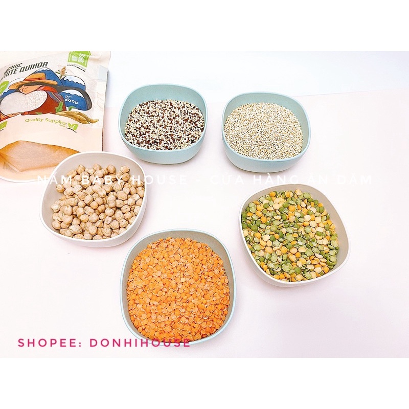 Các loại hạt hữu cơ cho bé ăn dặm: đậu gà, đậu lăng đỏ, quinoa ( diêm mạch) , hà lan