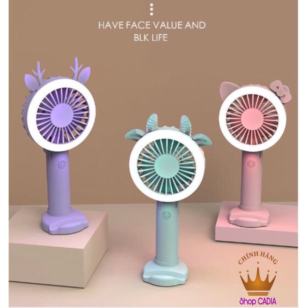 Quạt mini cầm tay tích hợp đèn Lef, chân để điện thoại [Tặng kèm 4 tai cực xinh]