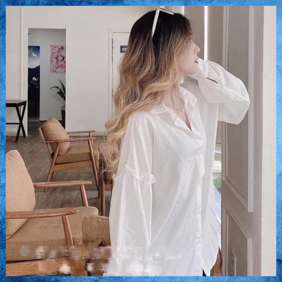 [Freeship] [Siêu Xinh] Áo Sơ Mi Trắng Nữ Dài Tay Forrm Rộng Phối Tay Bèo Chất Thô Lụa Mềm Giá Rẻ