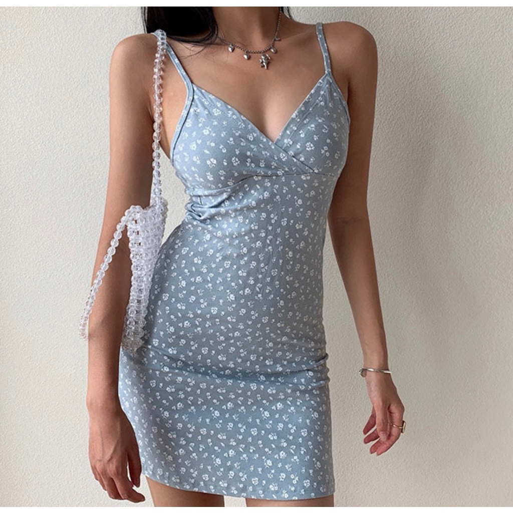MS32 Váy đầm midi thun 2 dây nữ hoa nhí