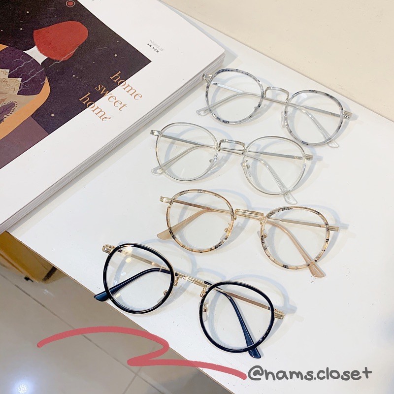 👓Gọng Kính Kim Loại Viền Nhựa Dáng Bầu Tròn Màu Đen Da Báo Trong Suốt