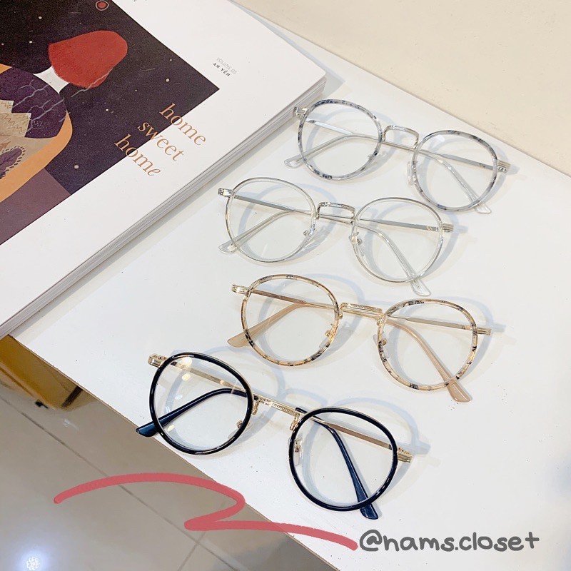 [Mã SKAMA8 giảm 8% đơn từ 300k] 👓Gọng Kính Kim Loại Viền Nhựa Dáng Bầu Tròn Màu Đen Da Báo Trong Suốt