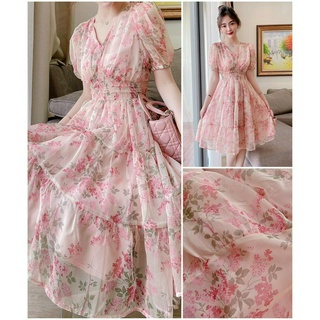 Váy hoa hồng nâu eo chun (ảnh thật 2 màu)