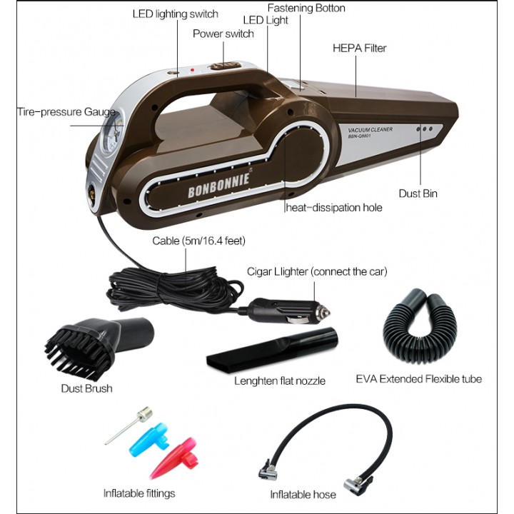 Máy Hút Bụi Cầm Tay Mini BBN-Q8801 120W Trên Oto - Xe Hơi Kiêm Bơm Lớp Xe