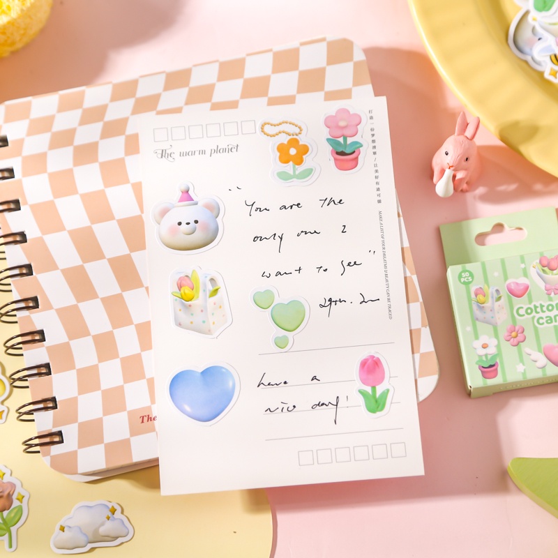 Flowertree Bộ 50 Miếng Dán Trang Trí Sổ Tay Hình Động Vật Marshmallow Dễ Thương