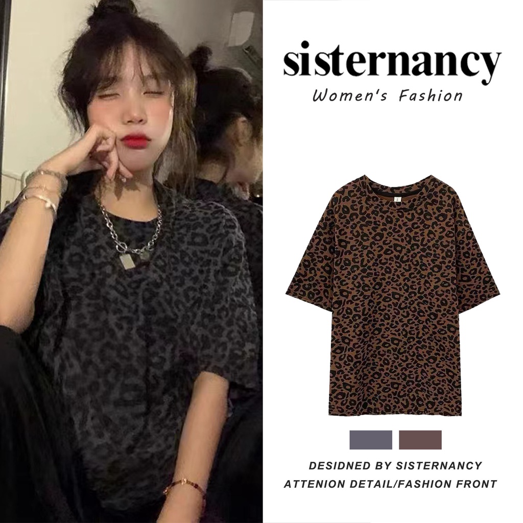Áo thun COZOKC ngắn tay cổ tròn họa tiết da báo dễ phối đồ phong cách Hàn Quốc thời trang